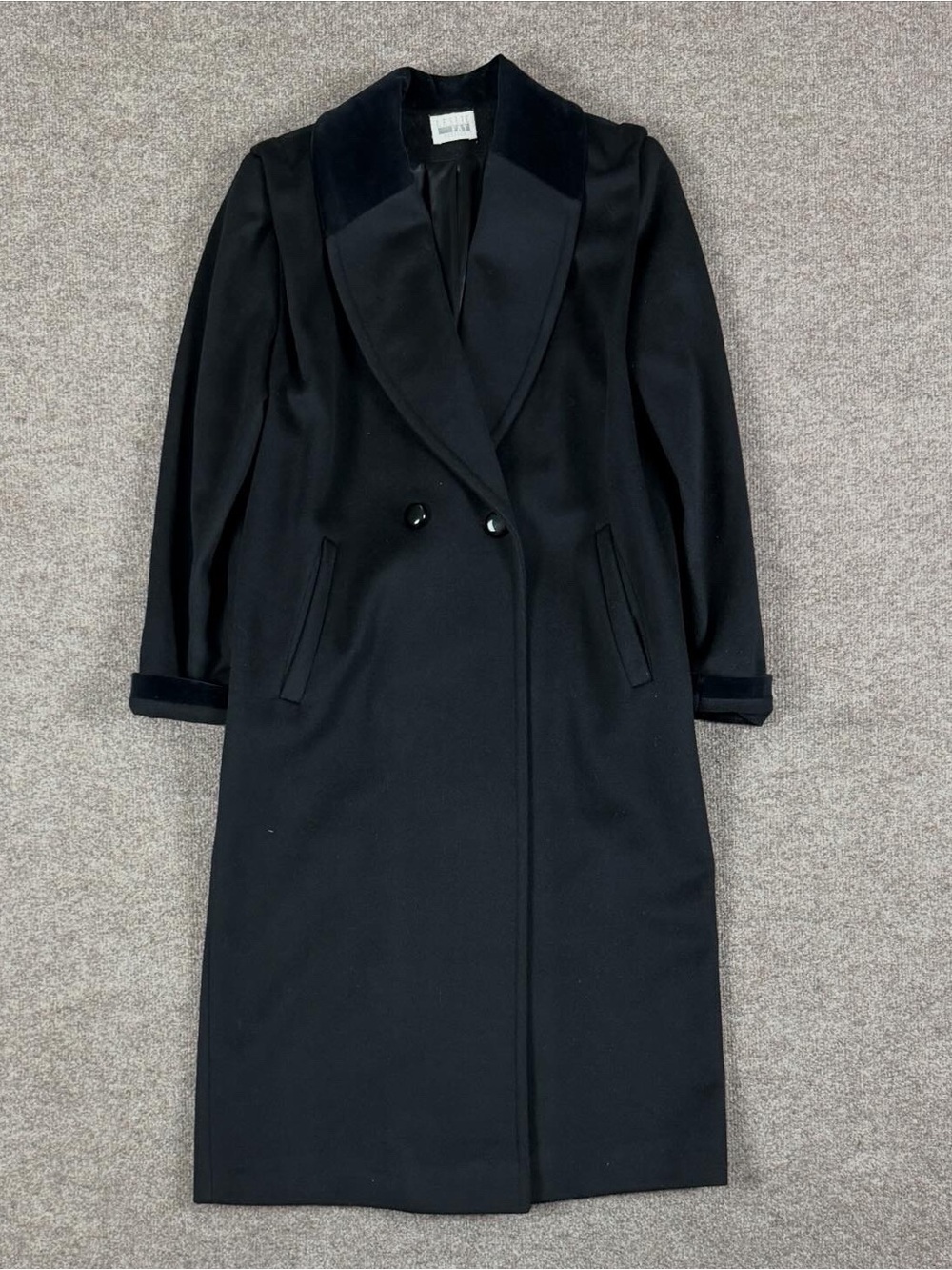 Vintage Black Long Wool Coat Women’s 8 Medium Velour Trim Shawl Collar Overcoat
